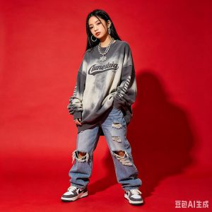 Young woman in trendy streetwear outfit with oversized sweatshirt, ripped jeans, and sneakers posing against a red background, showcasing urban fashion style.