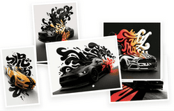 A collage of four photos featuring sleek sports cars with dynamic flames and artistic effects, showcasing a creative photo collage for visual appeal.