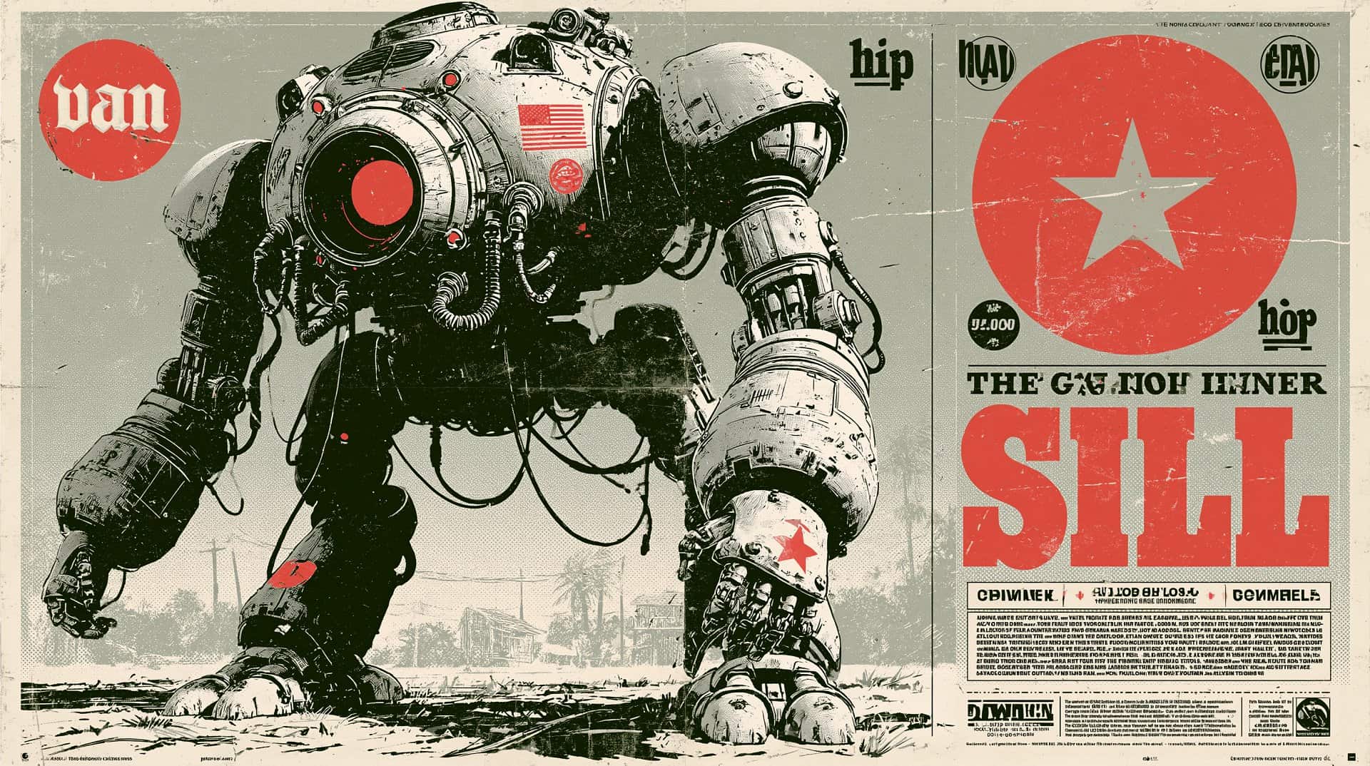 A detailed illustration of a futuristic robot with a vintage poster style, featuring bold text and a mechanical design, suitable for SEO.