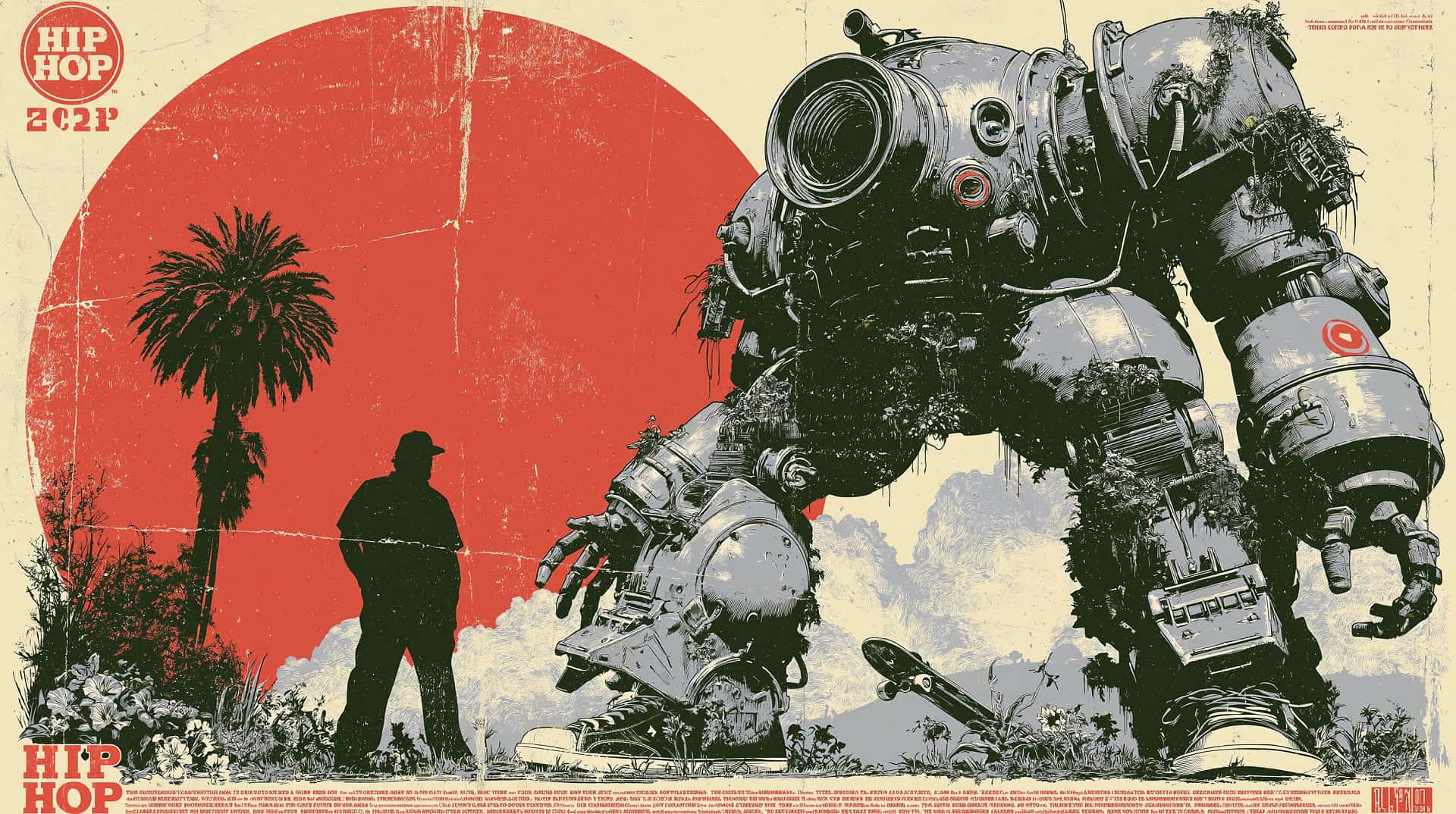 Futuristic robot and human silhouette with a large red sun in the background, showcasing digital art for assets and design.