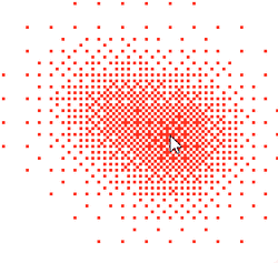 Abstract pixel dither trail with vibrant red dots radiating outward, creating a dynamic visual effect for digital art and graphic design projects.
