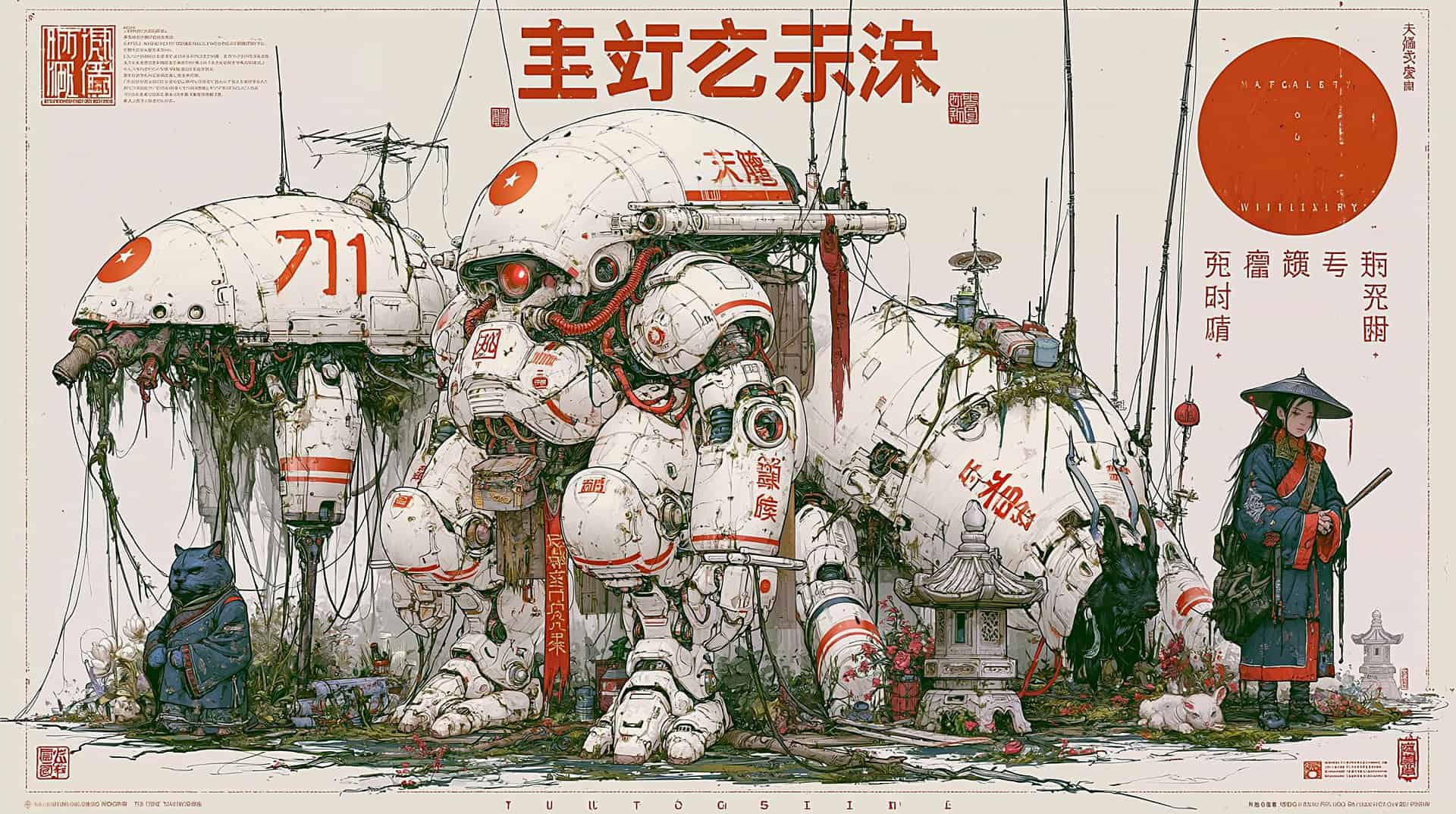 A detailed illustration of a large futuristic robot with traditional Chinese elements, surrounded by people in traditional attire and modern technology.