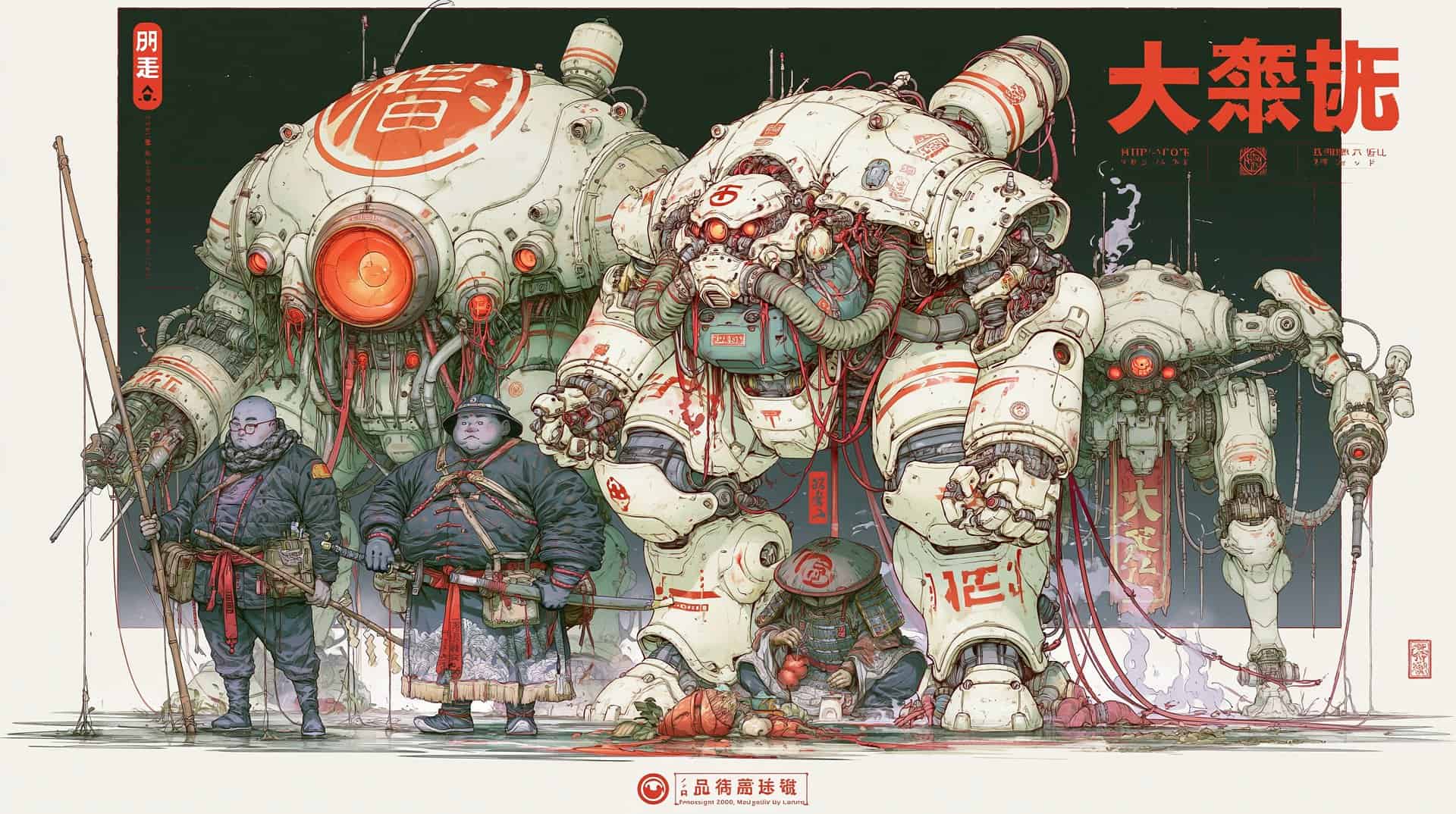 A detailed illustration of large, futuristic mecha robots with soldiers standing in front, showcasing advanced technology and cyberpunk aesthetics.
