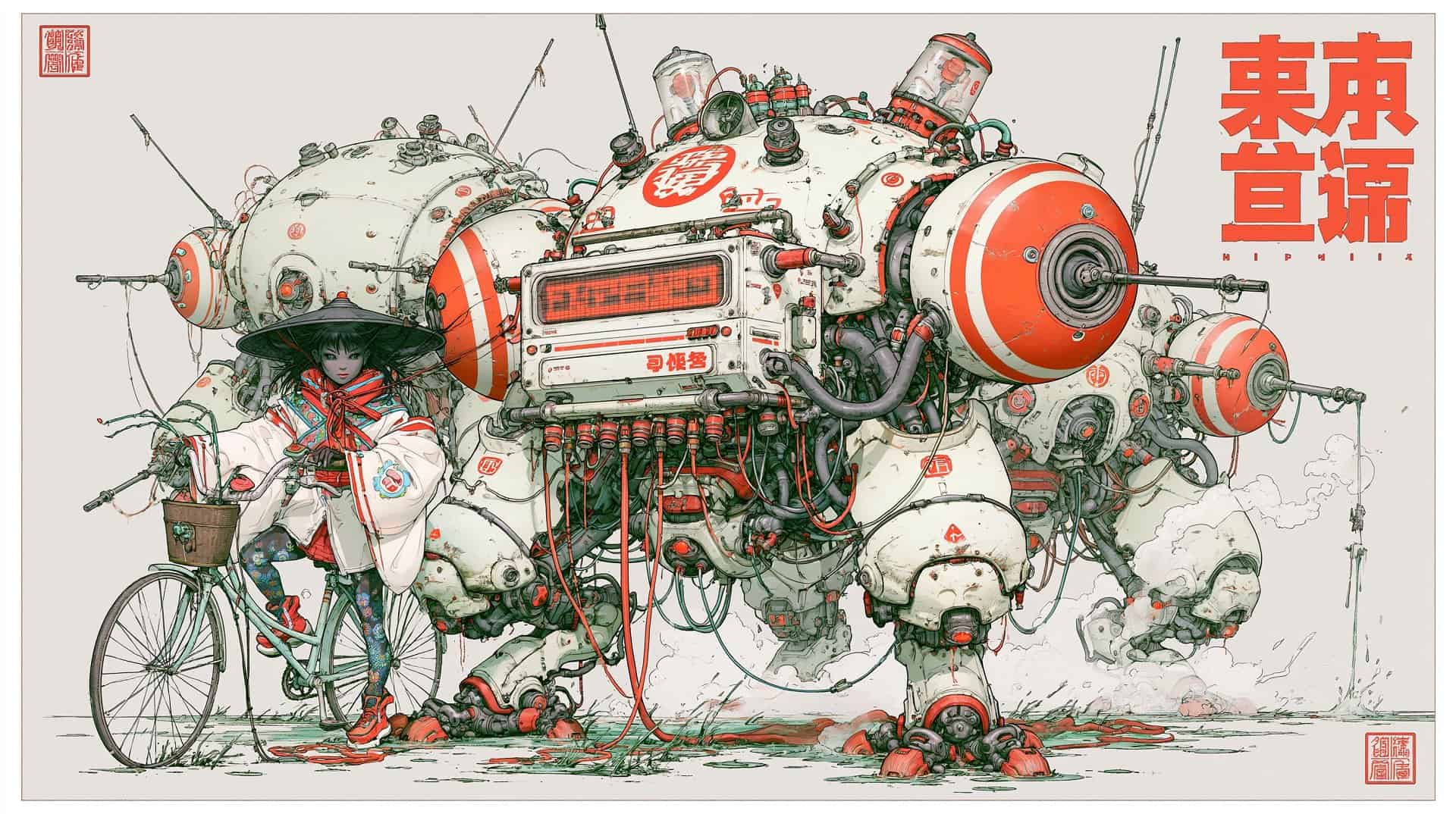 A detailed illustration of a futuristic robot with a cyclist, blending technology and urban life, with Asian-inspired design elements.